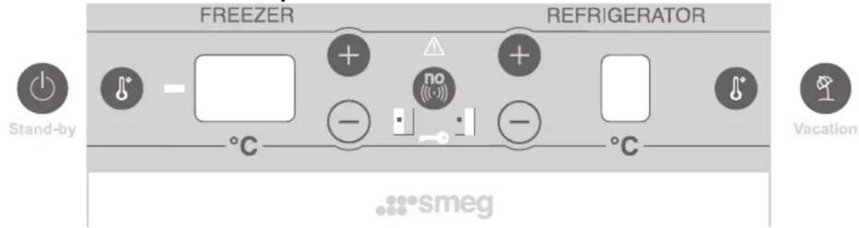 SMEG FA 720 X - Beschreibung der Bedienelemente an der Bedienblende des Kühl-/Tiefkühlteils und des Eis- und Wasserspenders - 1
