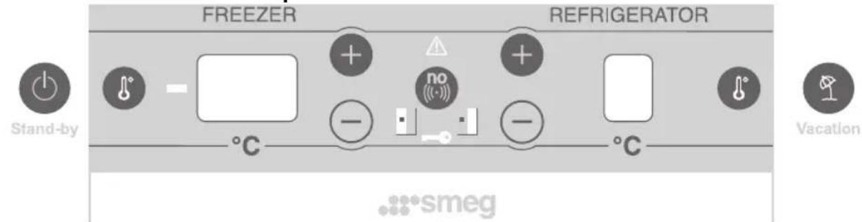 SMEG FA 550 X - Beschreibung der Bedienelemente an der Bedienblende des Kühl-/Tiefkühlteils und des Eis- und Wasserspenders - 1