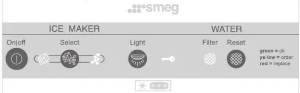 SMEG FA 550 X - Beschreibung der Bedienelemente an der Bedienblende des Kühl-/Tiefkühlteils und des Eis- und Wasserspenders - 1