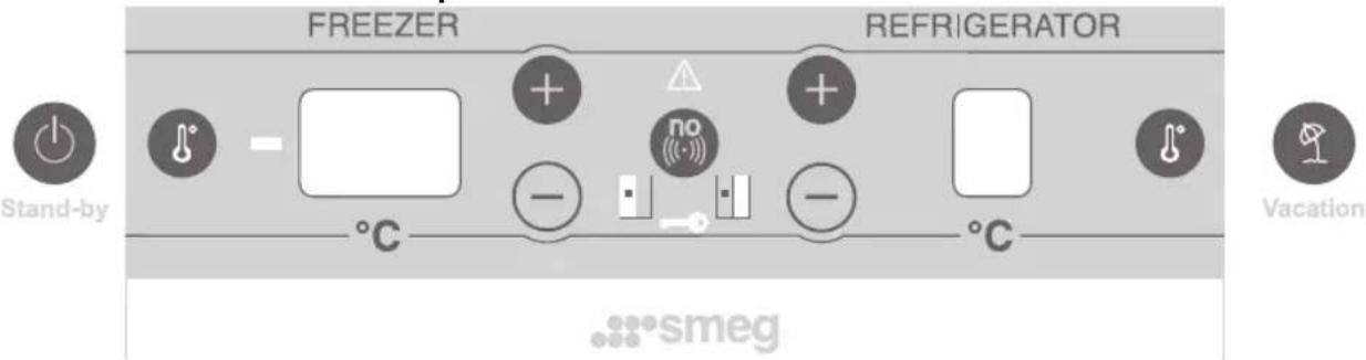 SMEG FA 550 X - Beschreibung der Bedienelemente an der Bedienblende des Kühl-/Tiefkühlteils und des Eis- und Wasserspenders - 1