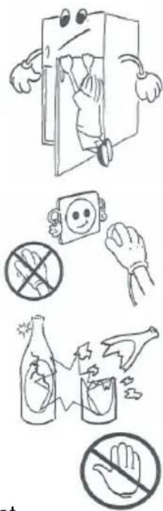 Illustration showing various food safety symbols including a door, a smiling face, a hand holding a crossed-out circle, a bottle with broken liquid, and a hand holding a clean cup.