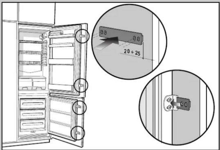 Technical diagram showing refrigerator door opening with close-ups of internal components and dimension annotations