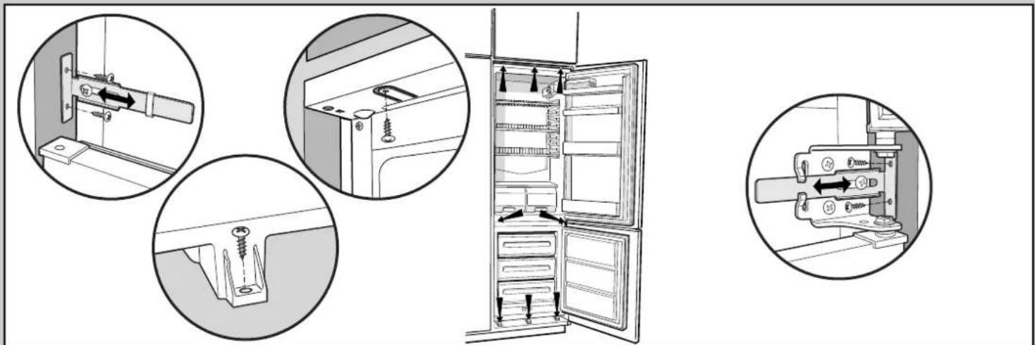 Diagram illustrating refrigerator door and door assembly with labeled parts and directional arrows indicating movement or assembly.