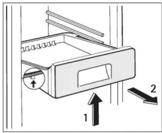 Diagram of a file drawer with labeled parts and directional arrows indicating movement or assembly.