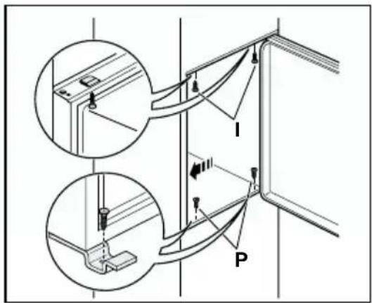 Technical diagram showing mechanical assembly with labeled parts I and P, including cross-sectional views and detail views.