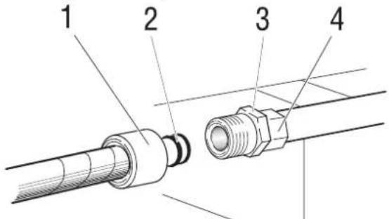 Küppersbusch GEH 6300.5 - Anschluß am vormontierten Verbindungsstück mithilfe einer Sicherheitsgasschlauchleitung mit Nippel und Überwurfmutter - 1