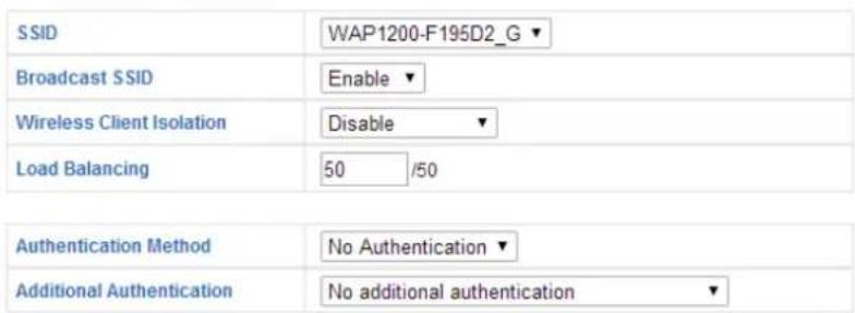 SSID WAP1200-F195D2_G ▼ Broadcast SSID Enable ▼ Wireless Client Isolation Disable ▼ Load Balancing 50 /50 Authentication Method No Authentication ▼ Additional Authentication No additional authentication ▼