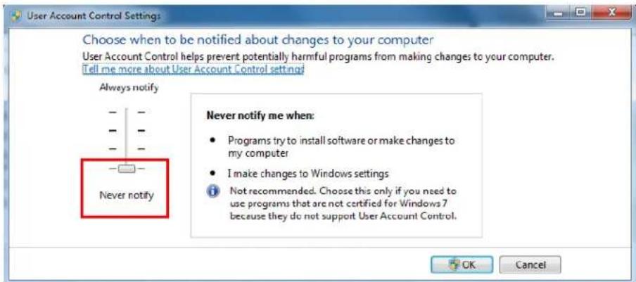 User Account Control Settings Choose when to be notified about changes to your computer User Account Control helps prevent potentially harmful programs from making changes to your computer. Tell me more about User Account Control setting Always notify Never notify Never notify me when: • Programs try to install software or make changes to my computer • I make changes to Windows settings i Not recommended. Choose this only if you need to use programs that are not certified for Windows 7 because they do not support User Account Control. OK Cancel