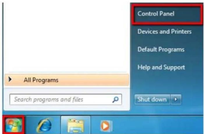 Control Panel Devices and Printers Default Programs Help and Support All Programs Search programs and files Shut down