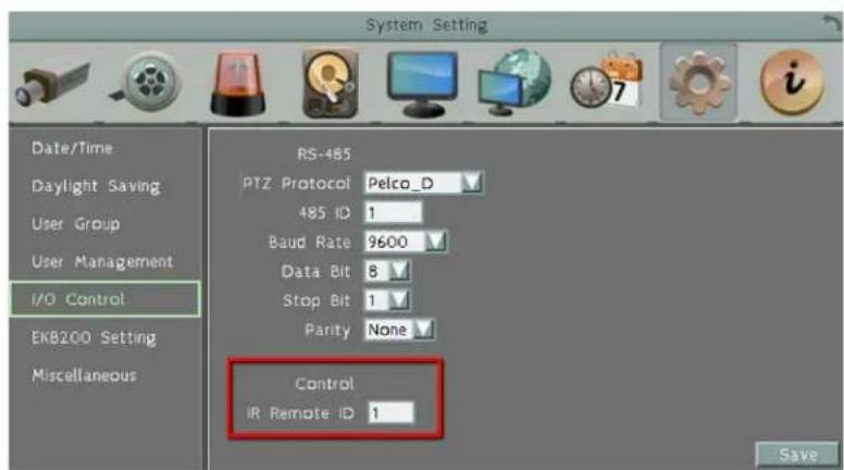 System Setting Date/Time Daylight Saving User Group User Management I/O Control EKB200 Setting Miscellaneous RS-485 PTZ Protocol Pelco_D 485 ID 1 Baud Rate 9600 Data Bit 8 Stop Bit 1 Parity None Control IR Remote ID 1 Save