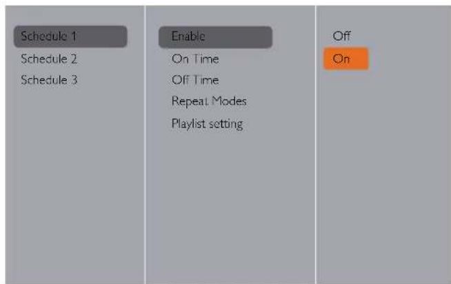 Schedule 1 Schedule 2 Schedule 3 Enable On Time Off Time Repeat Modes Playlist setting Off On