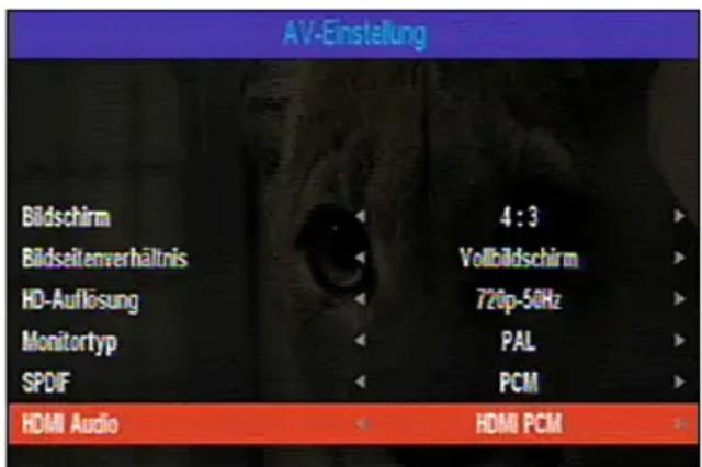 AV-Einstellung Bildschirm 4 : 3 Bildseitenverhältnis Vollbildschirm HD-Auflösung 720p-50Hz Monitortyp PAL SPDIF PCM HDMI Audio HDMI PCM
