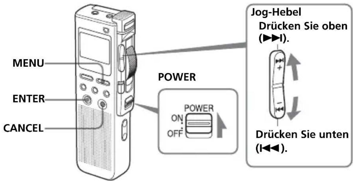 MENU ENTER CANCEL POWER Jog-Hebel Drücken Sie oben (▶▶▶▶). Power ON OFF Drücken Sie unten (I◀◀).