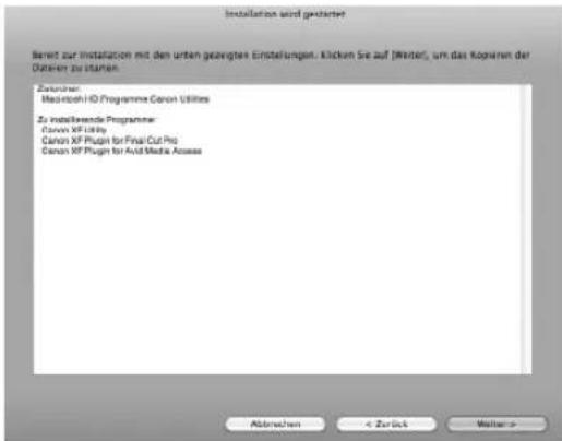 Installation sind gezeichnet Bereit zur Installation mit den ersten gewegtes Einstellungen. Klicken Sie auf [Wester], um das Könieren der Daten zu starten. Zahlung: Maximboch HD Programme Canon Utilities Zu installende Programmer: Canon XP Utility Canon XP Plugin for Final Cut Pro Canon XP Plugin for Avd Media Assess Abzinschen < Zurück > Welter >