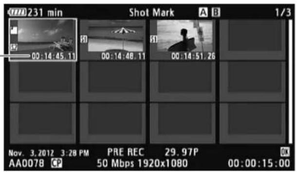 231 min Shot Mark A B 1/3 00:14:45.11 00:14:48.11 00:14:51.26 Nov. 3,2012 3:28 PM PRE REC 29.97P AA0078 CP 50 Mbps 1920x1080 00:00:15:00