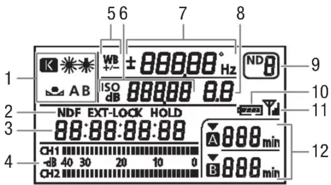 5 6 7 8 WB ± 000000 Hz ISO 000000 0.0 NDF EXT-LOCK HOLD CH1 00:00:00:00 CH2 40 30 20 10 0 A 000 min B 000 min 1 2 3 4 9 10 11 12