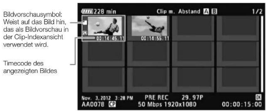 Bildvorschausymbol: Weist auf das Bild hin, das als Bildvorschau in der Clip-Indexansicht verwendet wird. Timecode des angezeigten Bildes Nov. 3, 2012 3:28 PM PRE REC 29.97P AA0078 CP 50 Mbps 1920x1080 00:00:15:00