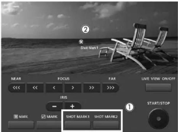 ② SHOT Mark1 NEAR FOCUS FAR LIVE VIEW ON/OFF <<<< << < > >> >>> IRIS - + ① START/STOP MARK ✓ MARK SHOT MARK1 SHOT MARK2