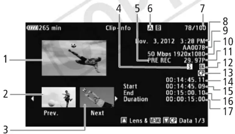 0:00 265 min Clip -info A B 78/100 Nov. 3, 2012 3:28 PM AA0078 50 Mbps 1920x1080 PRE REC 29.97P S OK CP Start 00:14:45.11 End 00:14:45.09 Duration 00:15:00.10 00:00:15:00 Prev. Next Lens & MEM CP Data 1/3
