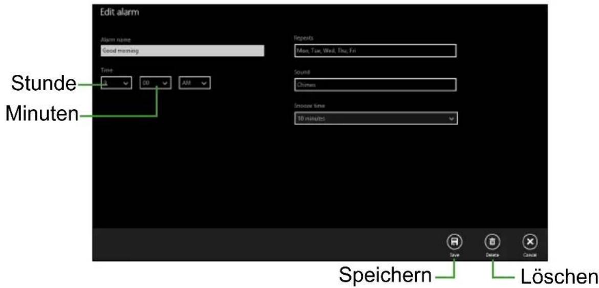 Edit alarm Alarm name Good morning Stunde Minuten Reports Mon, Tue, Wed, Thu, Fri Time 00 AM Sound Chines Snoop time 10 minutes Speichern Löschen