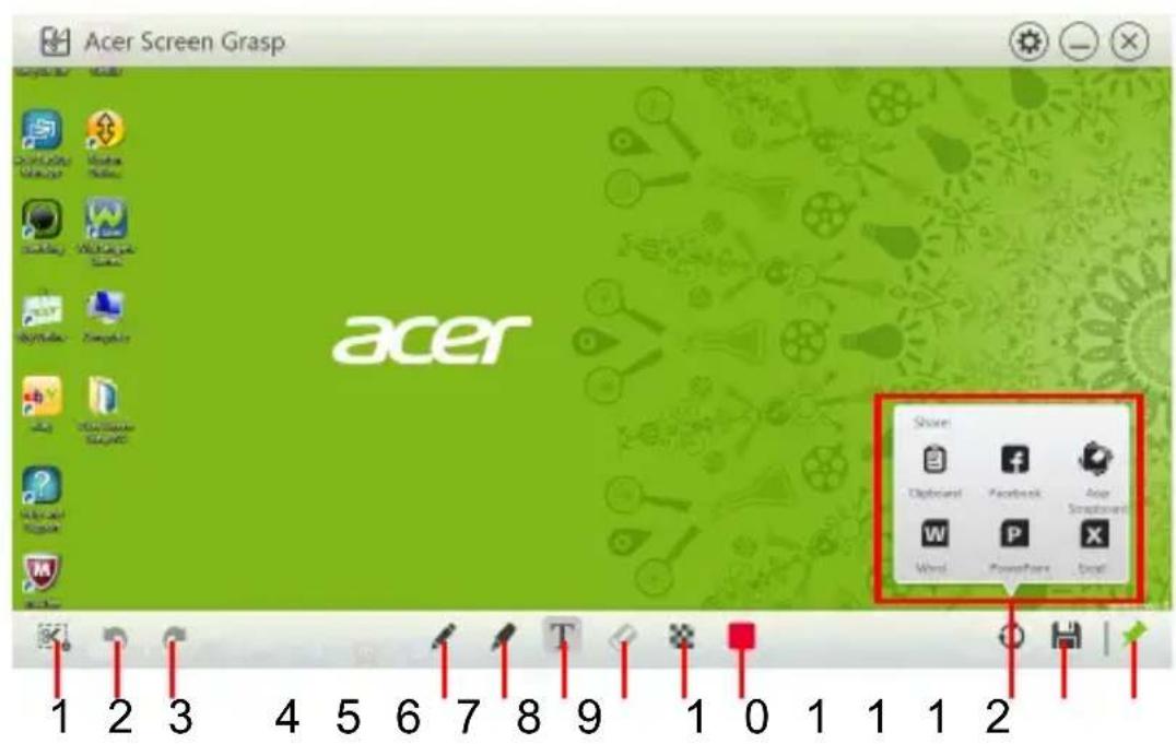Acer Screen Grasp acer Share Desktop Facebook App Scratchout Word PowerPoint Excel 1 2 3 4 5 6 7 8 9 1 0 1 1 1 2