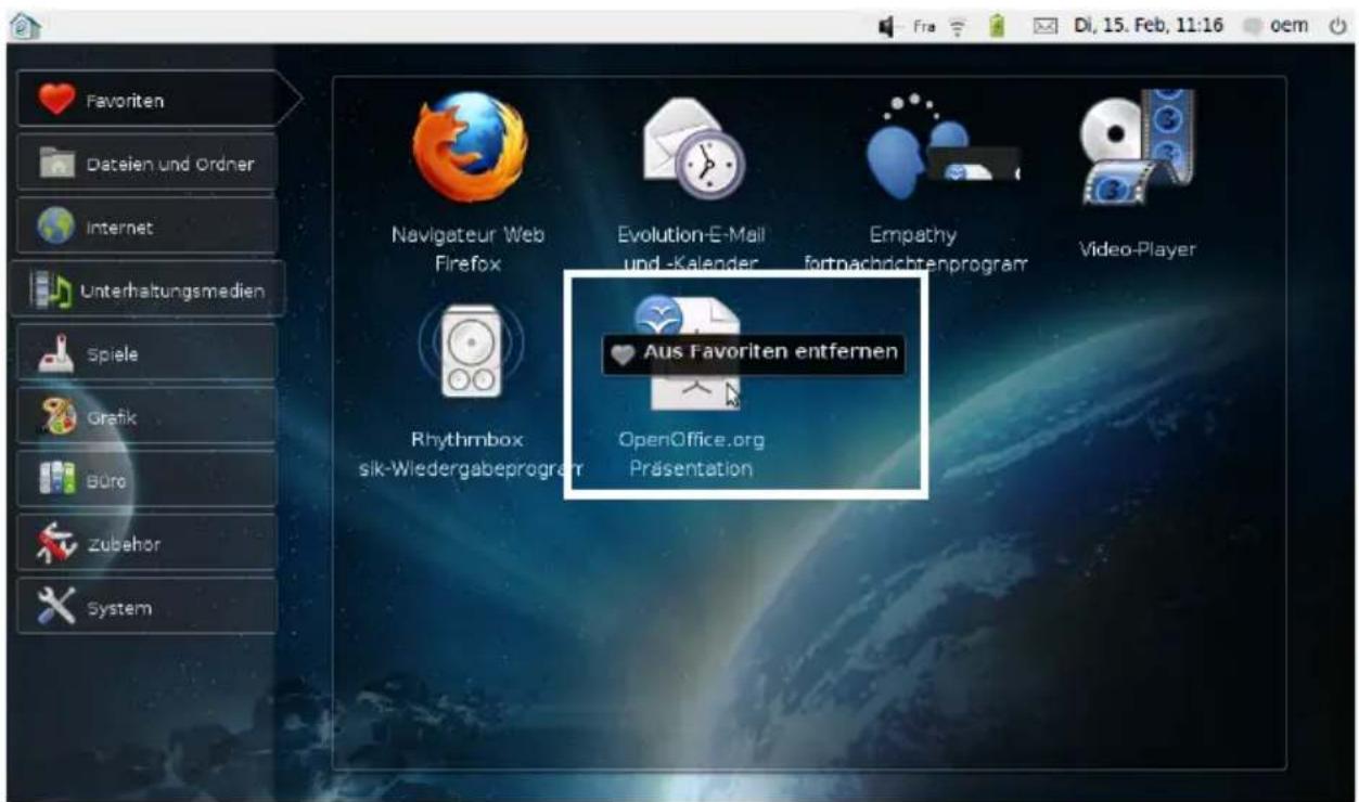 Favoriten Datesien und Ordner Internet Unterhaltungsmedien Spiele Grafik Büro Zubehor System Navigateur Web Firefox Evolution-E-Mail und-Kalender Empathy fortnachrichtenprogram Video-Player Aus Favoriten entfernen OpenOffice.org Präsentation