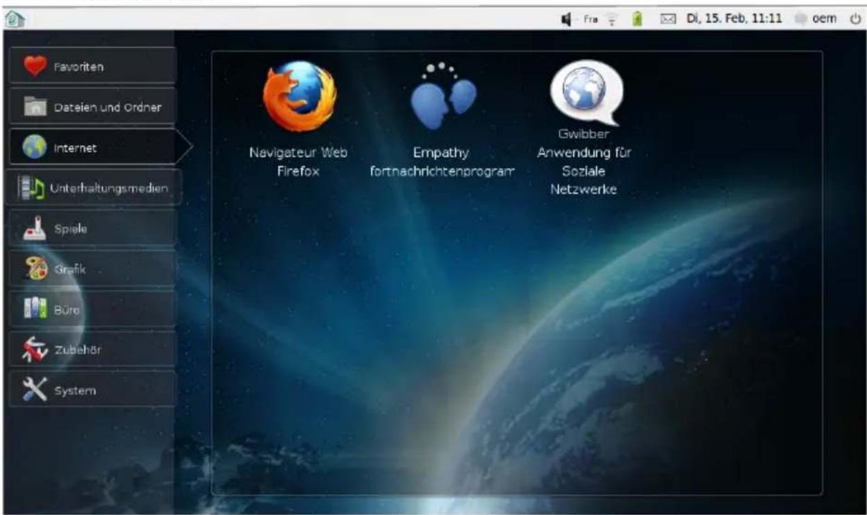 Favorite Dateien und Ordner Internet Unterhaltungsmedien Spiele Grafik Büro Zubehör System Navigateur Web Firefox Empathy fortnachrichtenprogramm Gwibber Anwendung für Soziale Netzwerke