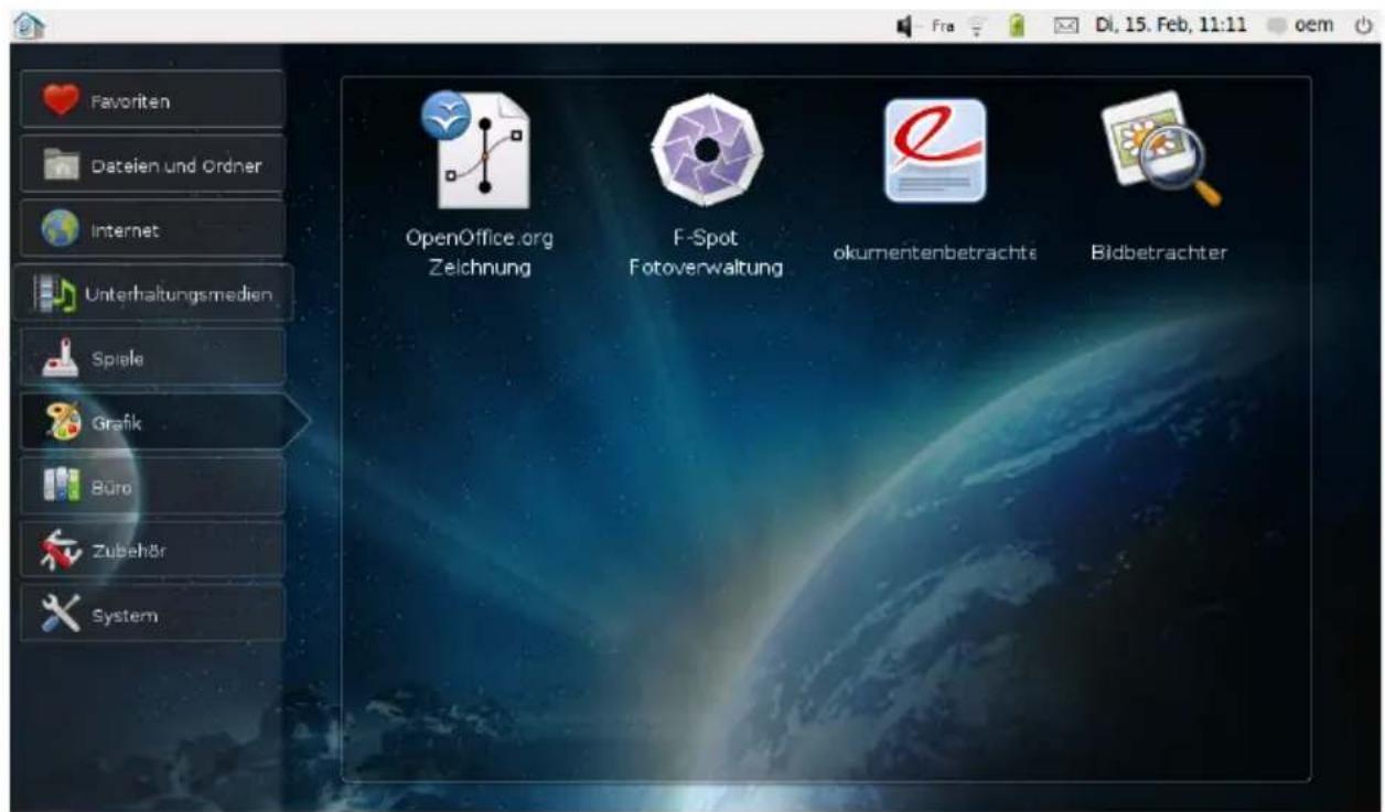 Favoriten Dateien und Ordner Internet Unterhaltungsmedien Spiele Grafik Büro Zubehör System OpenOffice.org Zeichnung F-Spot Fotoverwaltung okumentenbetrachte Bidbetrachter Di, 15. Feb, 11:11 oem