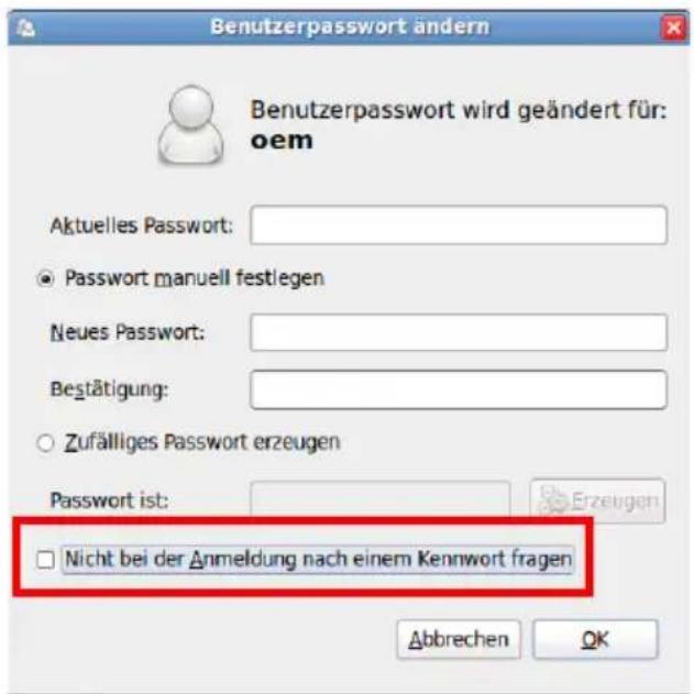 Benutzerpasswort ändern Benutzerpasswort wird geändert für: oem Aktuelles Passwort: ● Password manuell festlegen Neues Passwort: Bestätigung: ○ Zufälliges Passwort erzeugen Password ist: □ Nicht bei der Anmeldung nach einem Kennwort fragen Abbrechen OK