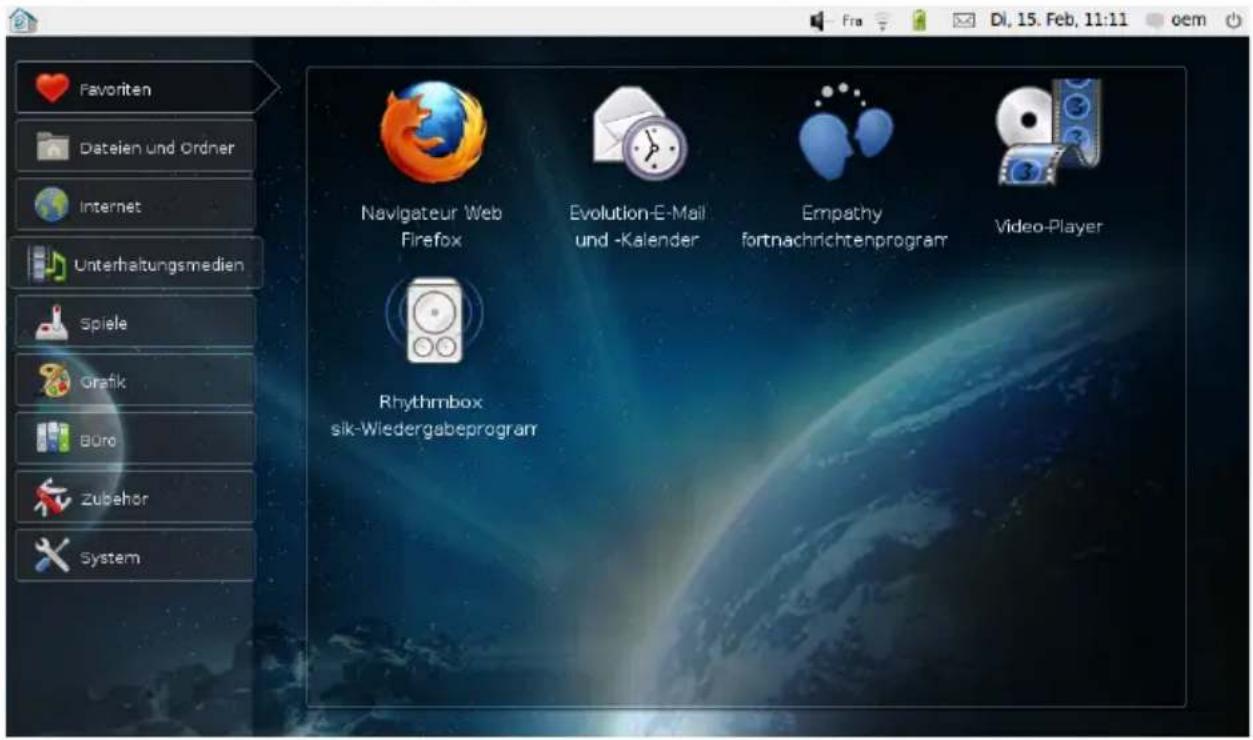 Favorite Dateln und Ordner Internet Unterhaltungsmedien Spiele Grafik Buro Zubehor System Navigator Web Firefox Evolution-E-Mail und -Kalender Empathy fortnachrichtenprogram Video-Player Rhythmbox sik-Wiedergabeprogram