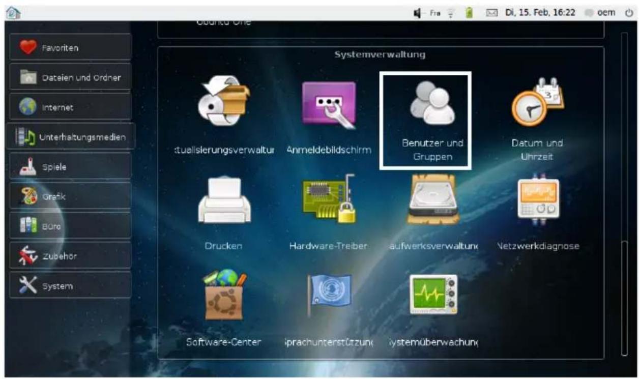 Systemverwaltung stualisierungsverwaltur Anmeldebildschirm Benutzer und Gruppen Datum und Uhrzeit Drucken Hardware-Treiber aufwerksverwaltung Netzwerkdiagnose Software-Center iprachunterstützung iystemüberwachung