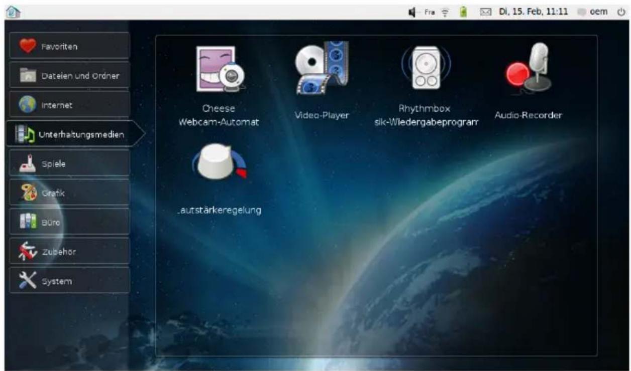 Favorite Dateien und Ordner Internet Unterhaltungsmedien Spiele Grafik Büro Zubehör System Cheese Webcam-Automat Video-Player Rhythmbox sik-Wiedergabeprogramm Audio-Recorder ..autstärkeregelung