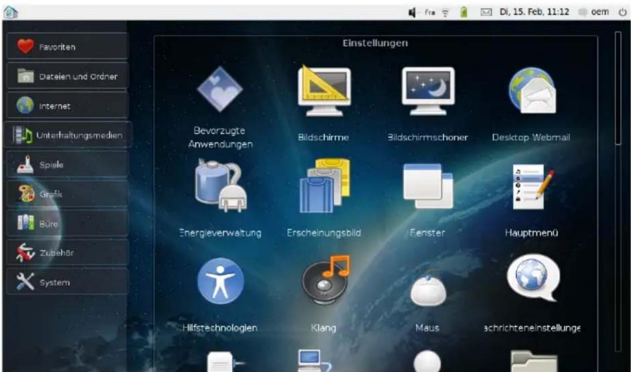 Favoriten Dateien und Ordner Internet Unterhaltungsmedien Spiele Grafik Büro Zubehör System Einstellungen Bevorzugte Anwendungen Bildschirme Bildschirmschoner Desktop Webmail Energieverwaltung Erscheinungsbild Fenster Hauptmenü Hillstechnologien Klang Maus schnitteneinstellungen