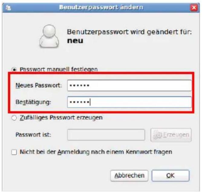 Benutzerpasswort ändern Benutzerpasswort wird geändert für: neu ● Password manuell festlegen Neues Passwort: .......... Bestätigung: .......... ○ Zufälliges Passwort erzeugen Password ist: Erzeugen □ Nicht bei der Anmeldung nach einem Kennwort fragen Abbrechen QK