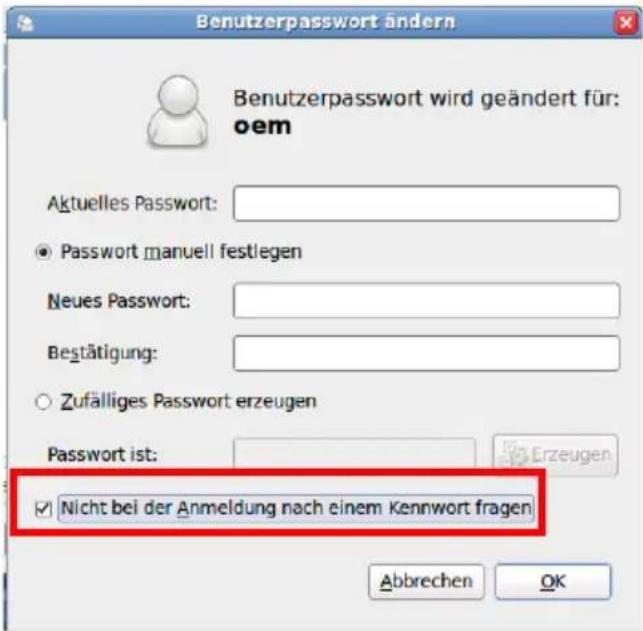 Benutzerpasswort ändern Benutzerpasswort wird geändert für: oem Aktuelles Passwort: ● Password manuell festlegen Neues Passwort: Bestätigung: ○ Zufälliges Passwort erzeugen Password ist: ✓ Nicht bei der Anmeldung nach einem Kennwort fragen Abbrechen OK