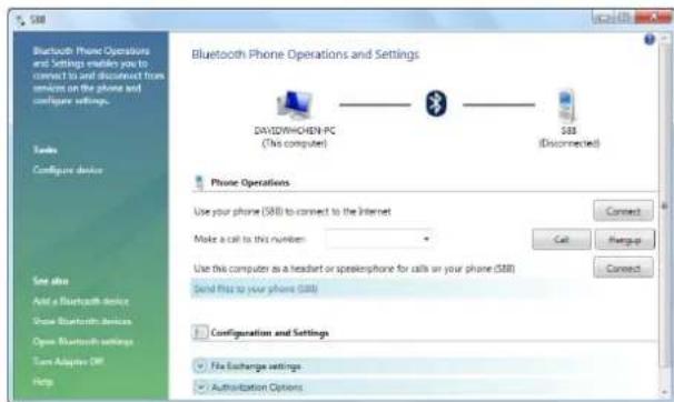 Bluetooth Phone Operations and Settings enables you to connect to and disconnect from service on the phone and configure settings. Tasks Configure device Use your phone (SBI) to connect to the Internet Make a call to this number: Use this computer as a headset or spokenphone for calls on your phone (SBI) Send first to your phone (SBI) Configuration and Settings File Exchange settings Authorization Options