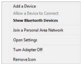Add a Device Allow a Device to Connect Show Bluetooth Devices Join a Personal Area Network Open Settings Tum Adapter Off Remove Icon