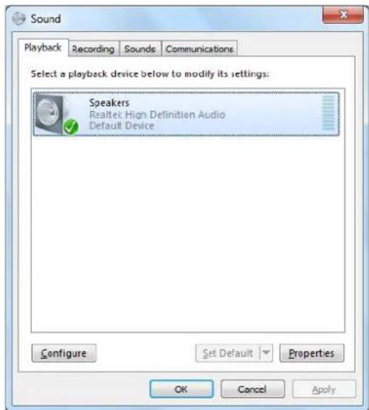 Sound Playback Recording Sounds Communications Select a playback device below to modify its settings: Speakers Realtek High Definition Audio Default Device Configure Set Default Properties OK Cancel Apply