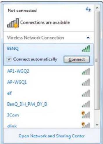 Not connected Connections are available Wireless Network Connection BENQ Connect automatically Connect AP1-WGQ2 AP-WGQ1 elf BenQ_DH_PA4_DY_B 3Com dink Open Network and Sharing Center