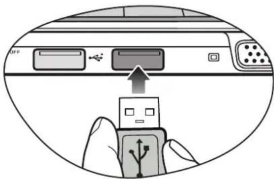Diagram showing a USB device being inserted into a device with labeled ports and an arrow indicating the process.