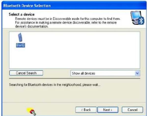 Bluetooth Device Selection Select a device Remote devices must be in Discoverable mode for this computer to find them. For assistance in making a remote device discoverable, refer to the remote device's documentation. Cancel Search Show all devices Searching for Bluetooth devices in the neighborhood, please wait... < Back Next > Cancel