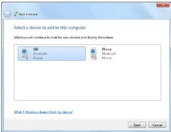 Add a device Select a device to add to this computer Windows will continue to look for new devices and display them here. S88 Bluetooth Phone Phone Bluetooth Phone What if Windows doesn't find my device? Next Cancel