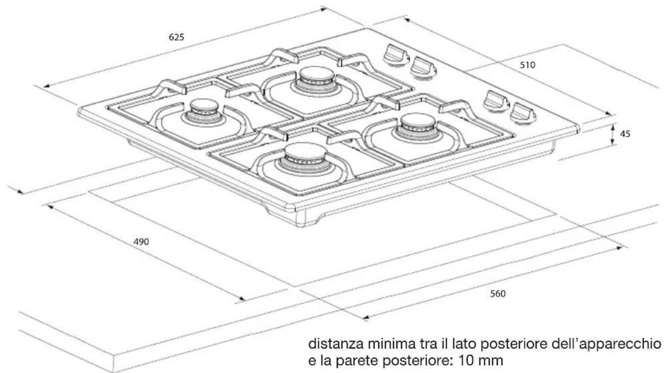 625 510 45 490 560 distanza minima tra il lato posteriore dell'apparecchio e la parete posteriore: 10 mm