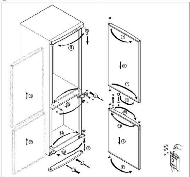 Technical diagram illustrating a multi-step folding or lifting process with numbered steps and directional arrows indicating movement.