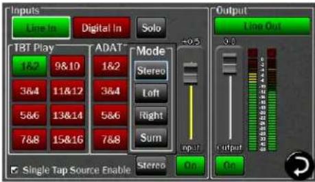 Inputs Line In Digital In Solo TBT Play ADAT Mode 182 9&10 1&2 Stereo 3&4 11&12 3&4 Loft 5&6 13&14 5&6 Right 7&8 15&16 7&8 Sum Single Tap Source Enable Stereo On Output Line Out 0.0 Output On