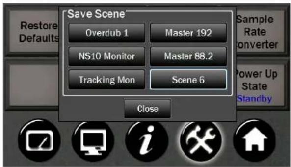 Save Scene Overclub 1 Master 192 NS10 Monitor Master 88.2 Tracking Mon Scene 6 Close Restore Defaults Sample Rate converter Power Up State Standby