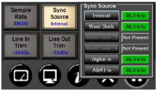 Sample Rate 48000 Sync Source Internal Line In Trim +20dBu Line Out Trim +20dBu Sync Source Internal 48.0 kHz Word Clock 48.0 kHz Word Clock / 2 Not Present Word Clock / 1 Not Present Digital In 48.0 kHz ADAT In 48.0 kHz