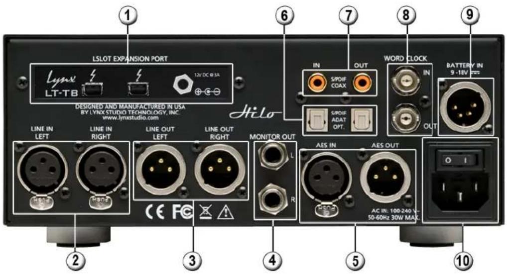 LSLOT EXPANSION PORT LYNX LT-TB 12V DC @ 3A DESIGNED AND MANUFACTURED IN USA BY LYNX STUDIO TECHNOLOGY, INC. www.lynxstudio.com HILO IN SPOIF COAX WORD CLOCK IN SPOIF ADAT OPT. BATTERY IN 9-18V OUT LINE IN LEFT LINE IN RIGHT LINE OUT LEFT LINE OUT RIGHT MONITOR OUT AES IN AES OUT AC IN: 100-240 V- 50-60Hz 30W MAX. R CE FC X A ① ② ③ ④ ⑤ ⑥ ⑦ ⑧ ⑨ ⑩
