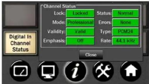 Channel Status Lock: Locked Status: Normal Mode: Professional Errors: None Validity: Valid Type: PCM24 Emphasis: Off Rate: 44.1 kHz Digital In Channel Status Close