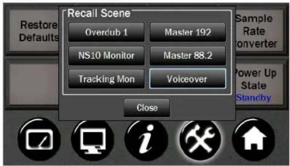 Recall Scene Overdub 1 Master 192 NS10 Monitor Master 88.2 Tracking Mon Voiceover Close Restore Defaults Sample Rate converter Power Up State Standby